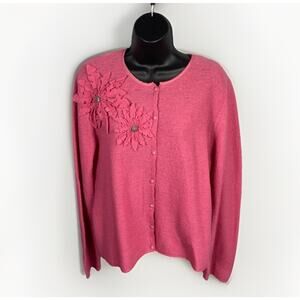 Colour Works Boiled Wool Cardigan Sweater Women’s Flowers Embellishments Pink XL